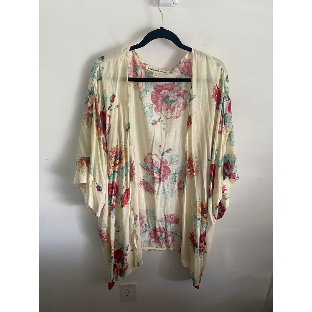 Paisley Raye Womens Kimono Cardigan‎ Cream Floral Print L XL Lightweight